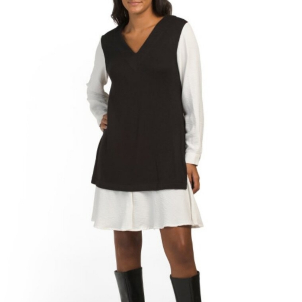 DKNY Women Sweatshirt‎ Dress Long Sleeve Vneck SzS Gray/white